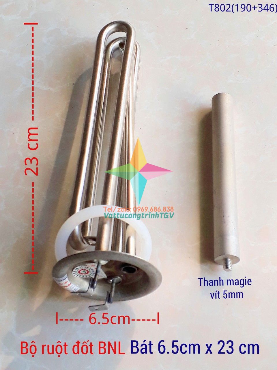 Bộ ruột đốt Bình nóng lạnh ROSSI - TÂN Á 15L bát tròn 6,5cm x 18cm+13cm + Thanh magie 5mm