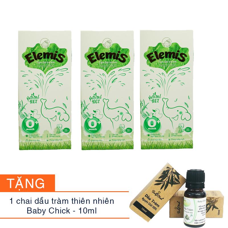 Bộ 3 chai Nước tắm thảo dược ELEMIS 200ml cho trẻ sơ sinh chống rôm sẩy Tặng 1 chai dầu tràm Baby Chick 10ml