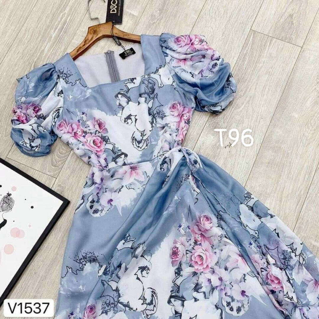 [HCM]Đầm lụa hoa dáng xoè tay phồng