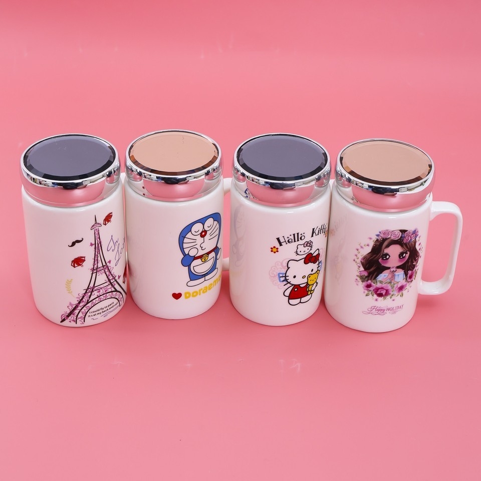 Cốc Sứ Giữ Nhiệt Nắp Có Gương 500ml, Ly Sứ Giữ Nhiệt Họa Tiết Siêu Dễ Tthương, Cốc Giữ Nhiệt Bằng Sứ Uống Nước Ngộ Nghĩnh.