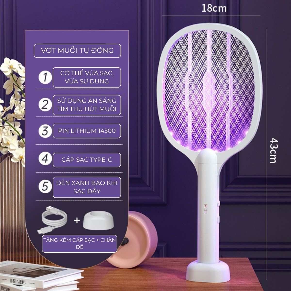 Vợt muỗi thông minh tự động 2 chế độ, Sử dụng ánh sáng thu hút muỗi, Pin lithium dung lượng cao