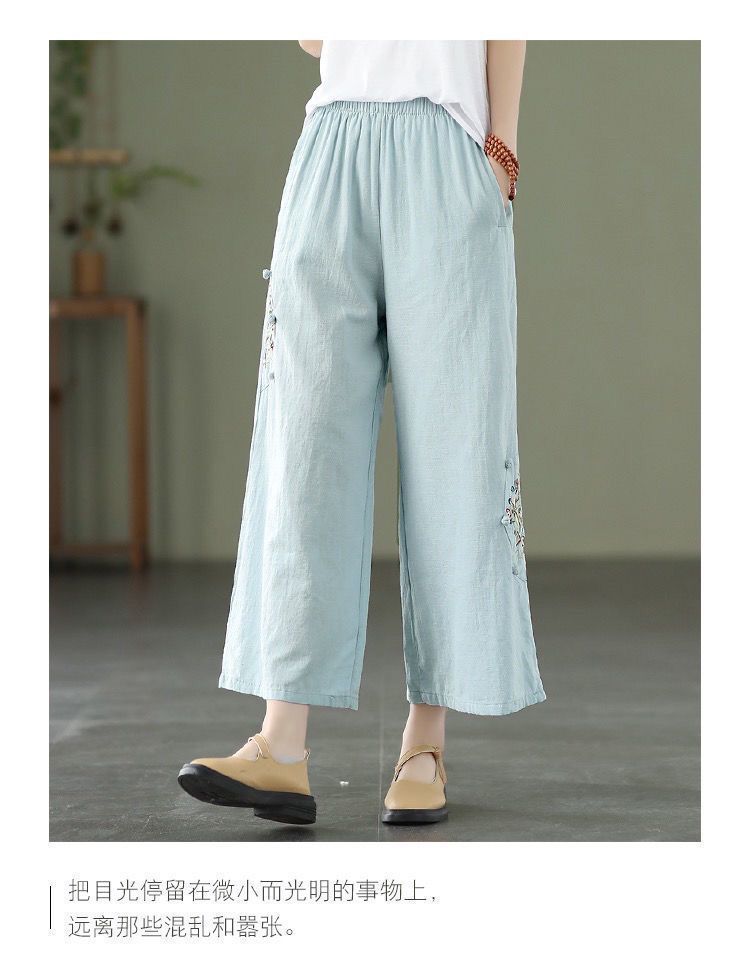 Quần ống Rộng Nữ Bông Và Lanh Thêu Dân Tộc Quần Baggy Nữ Lưng Cao Khóa Văn Học Cổ điển Quần âu