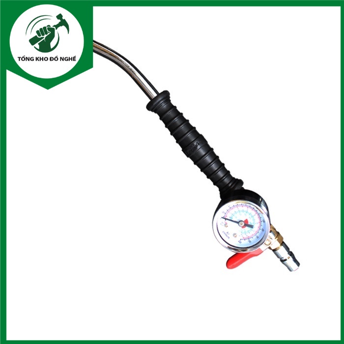 Tay bơm lốp cong 2 đầu có đồng hồ, ống bơm hơi xe ô tô _TKDN
