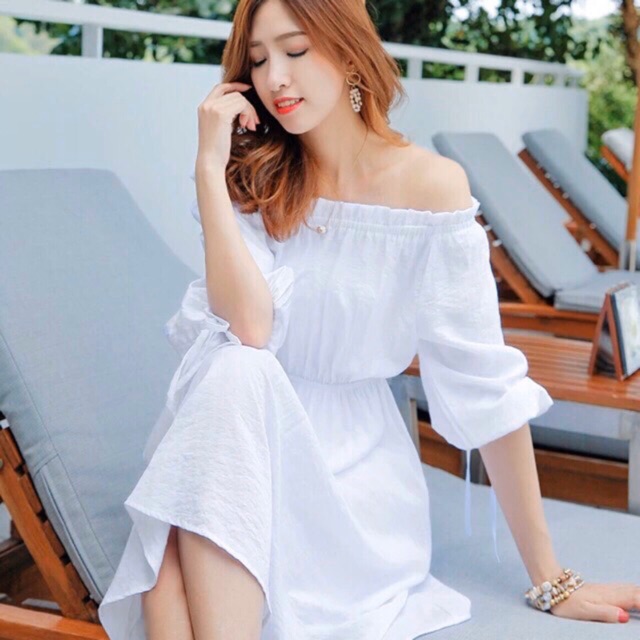 Đầm trễ vai tay rút dây 2 màu