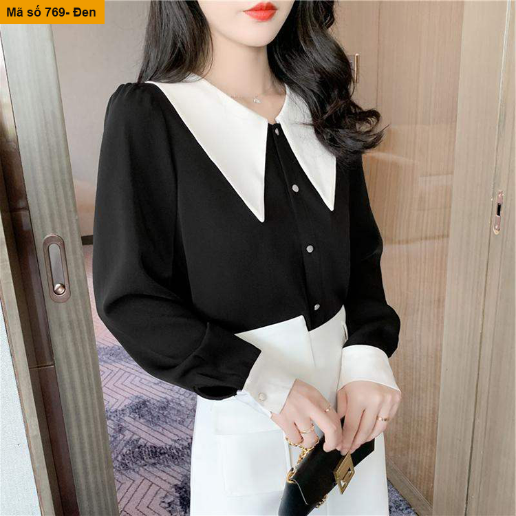 [HCM]B769- áo sơ mi nút ngọc phối cổ trắng