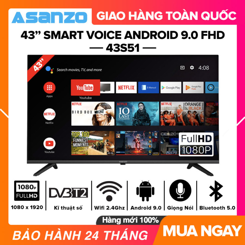 [SẢN PHẨM MỚI] Smart Voice Tivi Asanzo 43 inch Full HD - Model 43S51 Android 9.0, Điều khiển giọng nói, Bluetooth 5.0, Wifi 2.4GHz, Dolby Digital, Chromecast built-in, Netflix, Amazon Prime Video, Clip TV, DVB-T2, Tivi Giá Rẻ - Bảo Hành 2 Năm