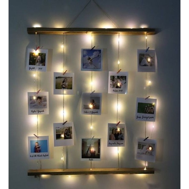 Khung gỗ gắn ảnh decor, khung gỗ treo ảnh trang trí tặng 10 kẹp gỗ (chưa bao gồm đèn led)