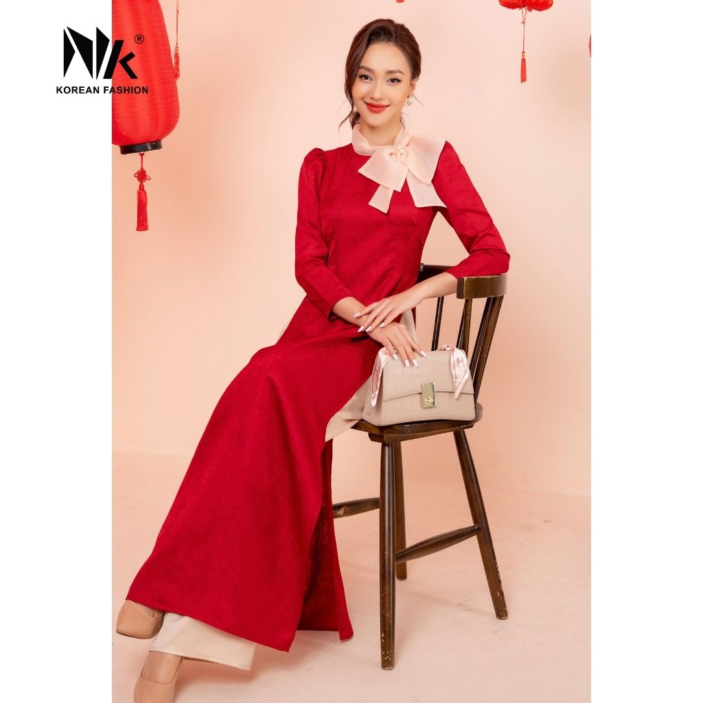 Áo Dài Gấm Cách Tân Trắng NK Fashion NKBD2112004 Thiết Kế Hiện Đại Nơ Cổ Sang Trọng, Màu Sắc Trang Nhã