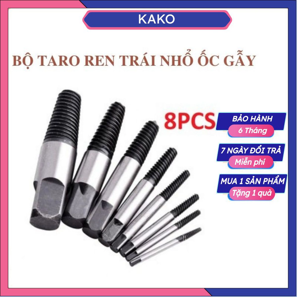 Bộ taro ren trái nhổ ốc vít gãy 8 cây (3-26mm), dụng cụ mở ốc vít, mũi khoan lấy ốc gẫy