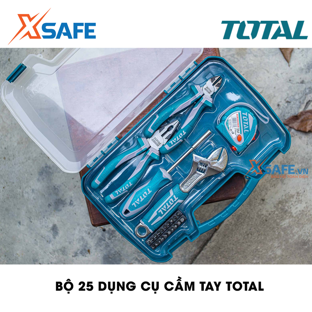 Set of 25 tools hand tools total THKTHP90256 suitable for engineering, construction, people dụng.1 piece alkaline combination 7 ", 1 Alkaline cut Cross 6", 1 set adjustable 8 ", 1 tape measure, 1 shank with magnet 100mm. 20 head screw-product xsafe