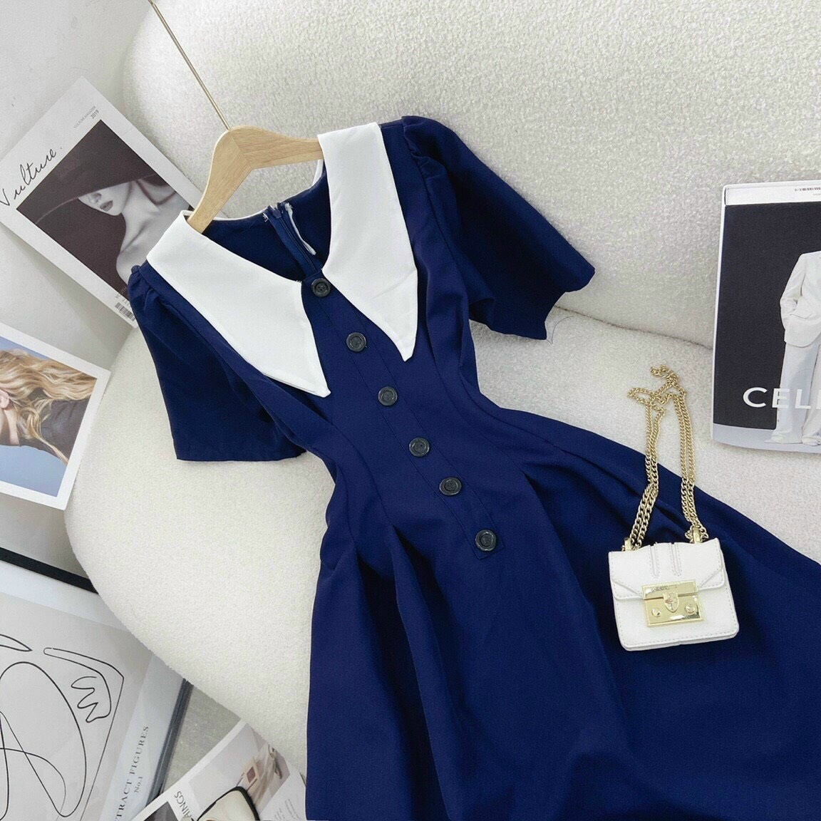 [FREESHIP MAX + HOÀN TIỀN MAX 15%] Đầm Vintage Cổ Bèo Phối Nút Nhẹ Nhàng
