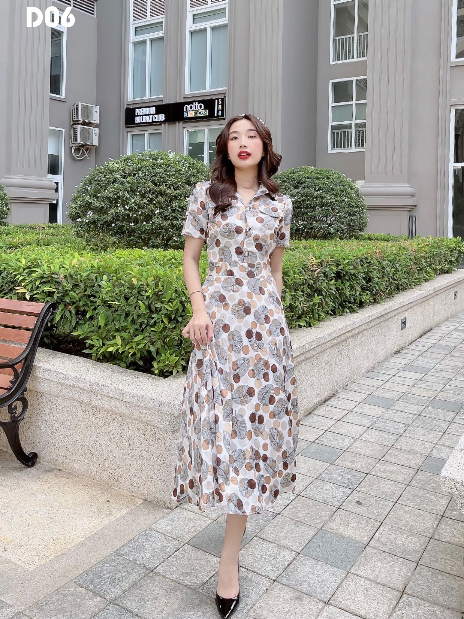 Đầm xoè lụa hoa vintage cổ sơ mi D06