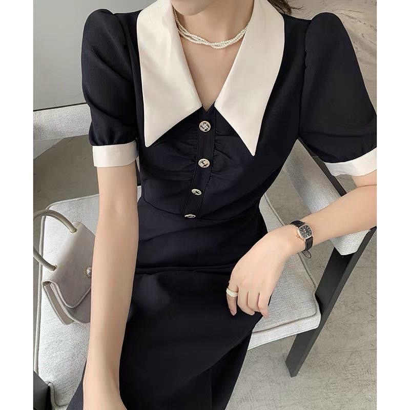 Đầm đen cổ trắng nút trước v2