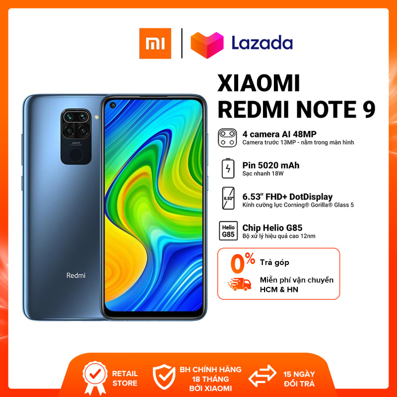 Bảo hành chính hãng 18 tháng | Trả góp 0% | Điện thoại Redmi Note 9 3GB/64GB - Chip Helio G85 8 nhân mạnh mẽ Pin trâu 5020mAH sạc nhanh 18W Màn hình 6,53 Full HD+