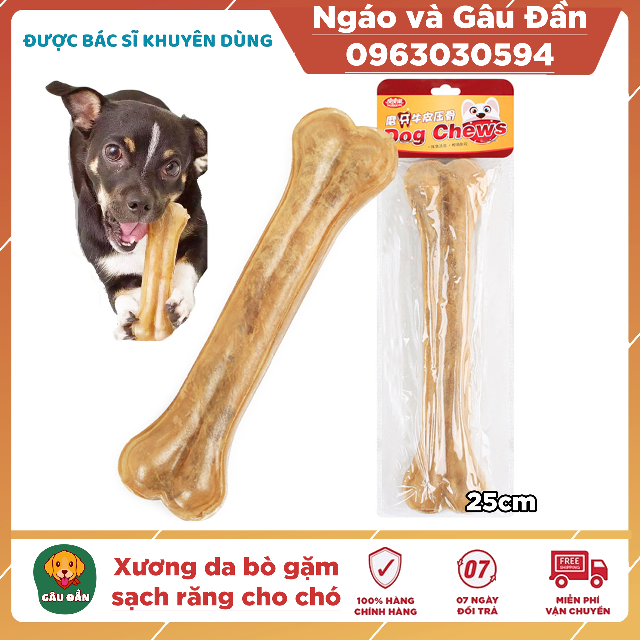 Xương da bò Ngáo Và Gâu Đần cho chó gặm sạch răng, khử mùi hôi miệng kích cỡ 25cm