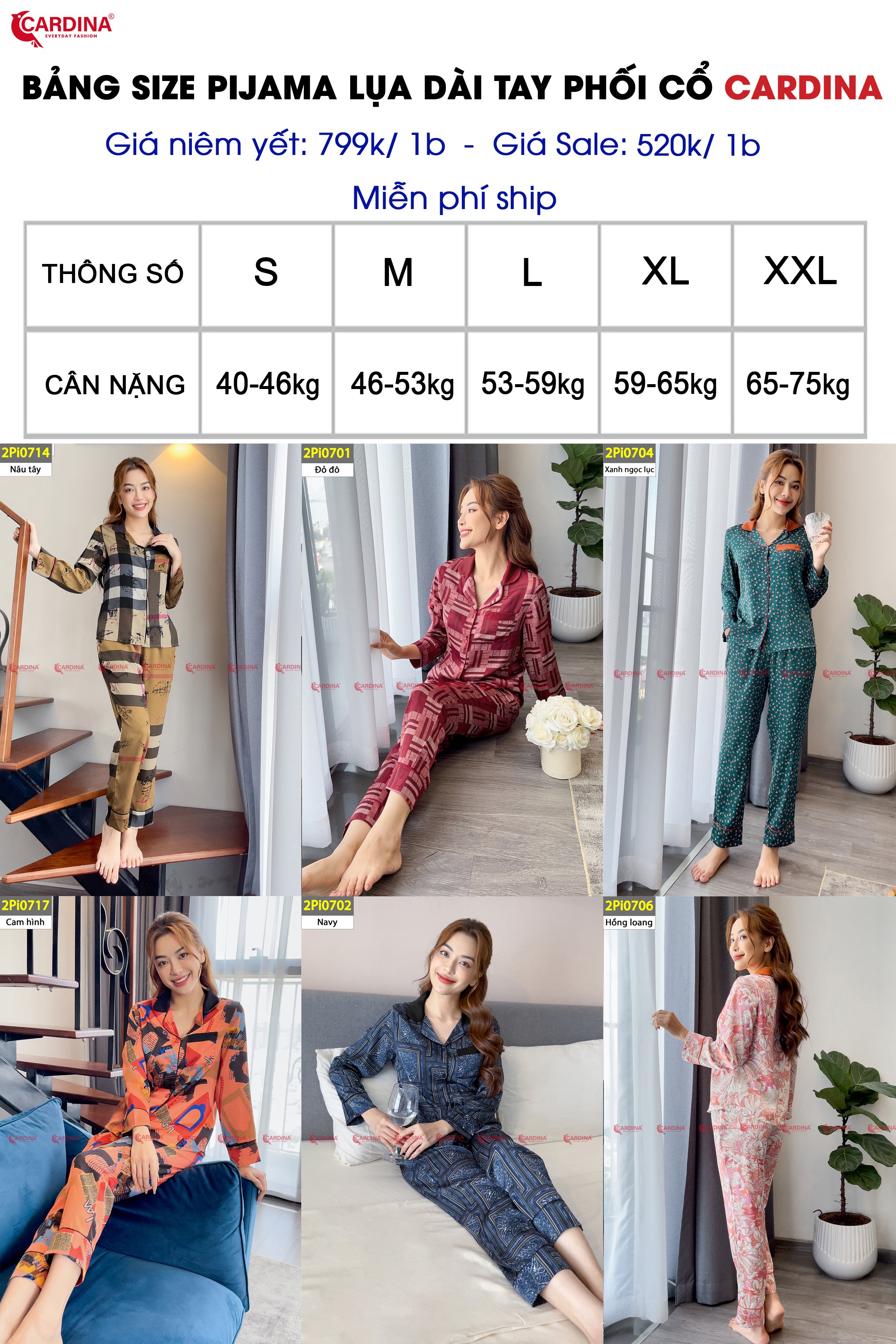 mã 2PI07 - Bộ pijama lụa dài tay phối cổ Cardina