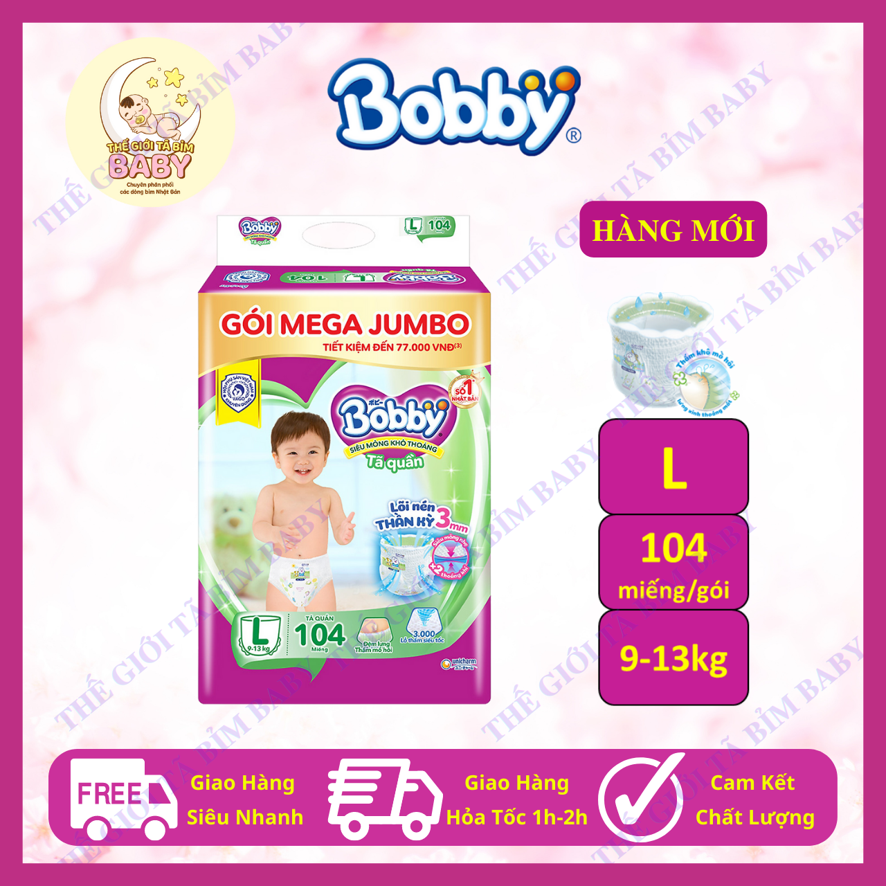 [HÀNG MỚI] Tã Quần Bobby Mega Jumbo size L 104 miếng