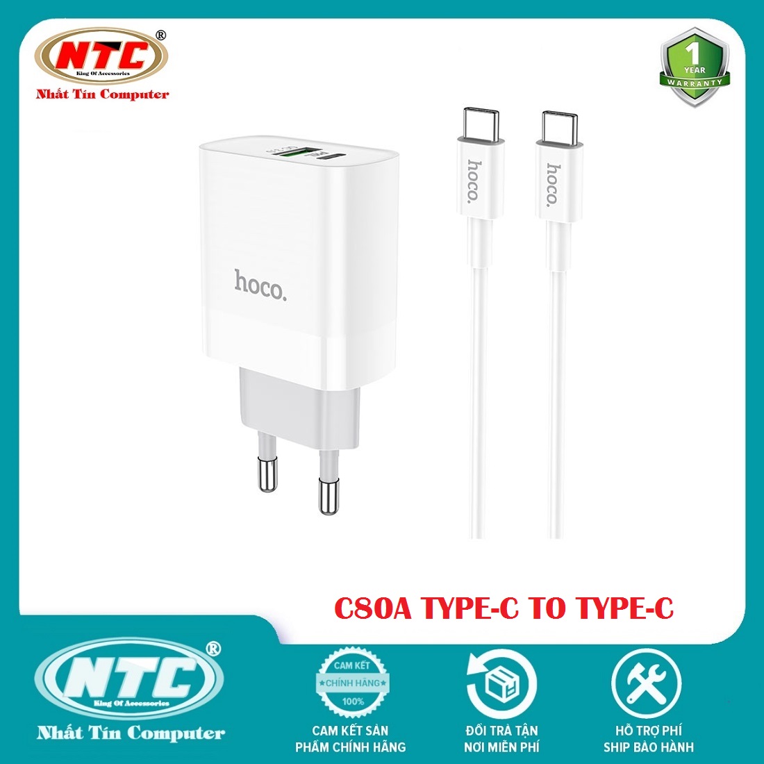Bộ Cốc sạc 2 cổng USB và PD kèm Cáp sạc Type-C to Type-C Hoco C80A QC3.0 và PD18W (Trắng) - Hãng phân phối chính thức - Nhất Tín Computer