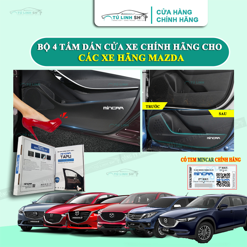 Bộ 4 Tấm dán Tapli xe MAZDA 3, 2, 6, BT50, CX3, CX5, CX8 chính hãng MINCAR, chống xước tapi cửa ô tô bằng Carbon Air Fiber cao cấp
