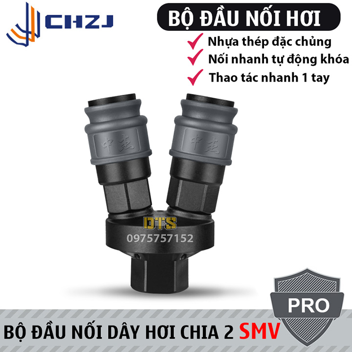 Bộ đầu chia hơi, chia khí nén 2 chạc CHZJ SMV, khớp nối nhanh tự động khóa bằng nhựa thép đặc chủng chống va đập, bền bỉ, thao tác một tay đơn giản, bộ chia hơi máy nén khí, bộ đầu nối hơi, bộ nối dây hơi chia 2