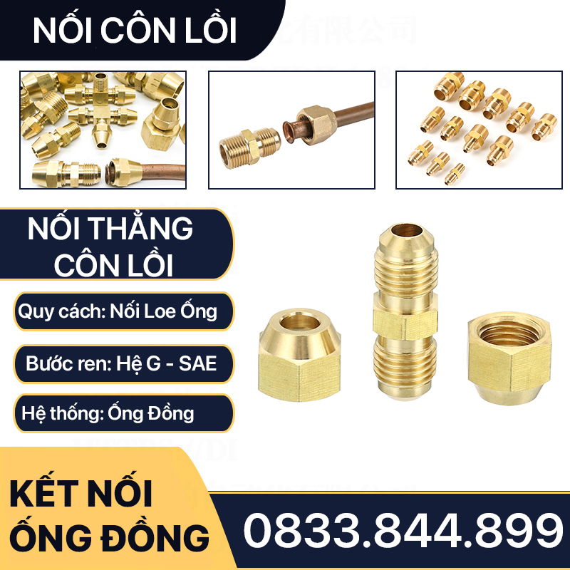 Bộ nối hai đầu nối côn lồi hàn ống đồng 6 8 10 12 16 19 mm cho điện lạnh & khí nén (Brass Flare Fitting Tee Triple Unio) - Thẳng rắc co cút ren NPT