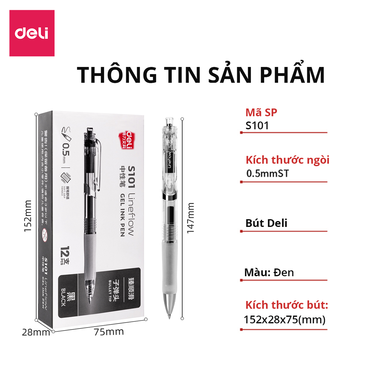 Bút bi bấm bút mực bút gel ngòi 0.5mm DELI mực trơn, nhanh khô, cần nắm thoải mái - A575