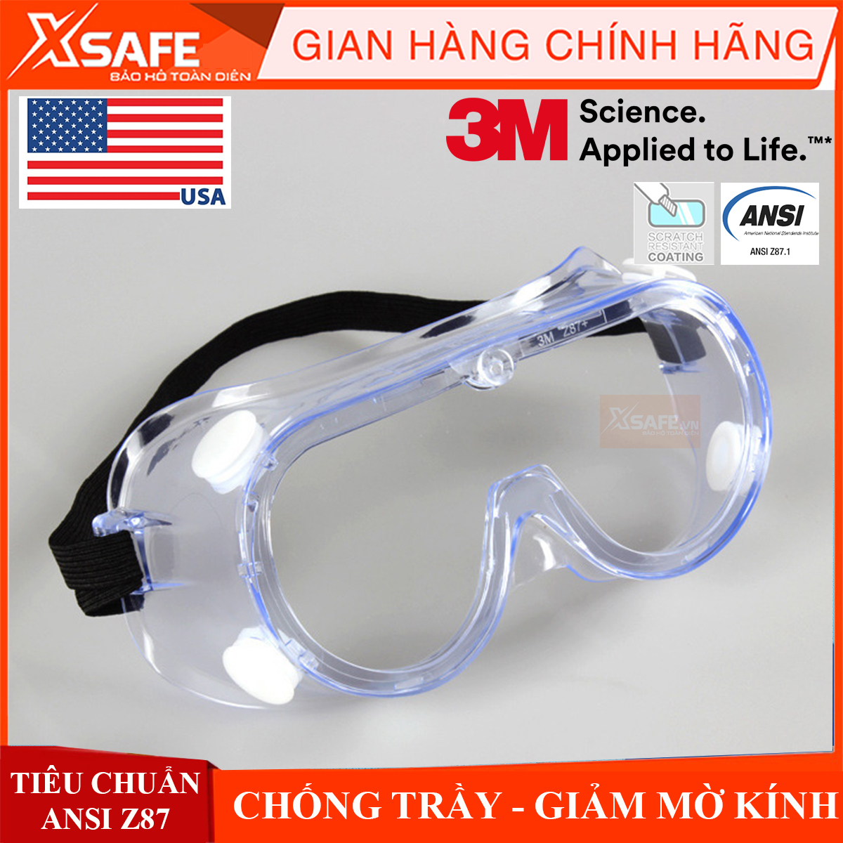 Kính bảo hộ chống hóa chất 3M 1621 Kính chống bụi, văng bắn, phòng dịch dùng cho phun xịt, sản xuất, y tế... 3M