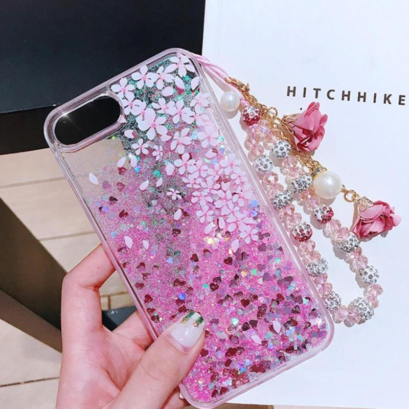 Giá Ốp nhũ hoa đào cao cấp tặng kèm dây đeo cho iPhone