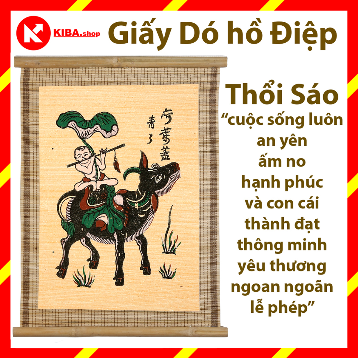 Tranh Đông Hồ - Bức chăn trâu thổi sáo (Tranh mành tre - kích thước 34x40) Dong Ho folk paintings - Viet Nam national cultural heritage