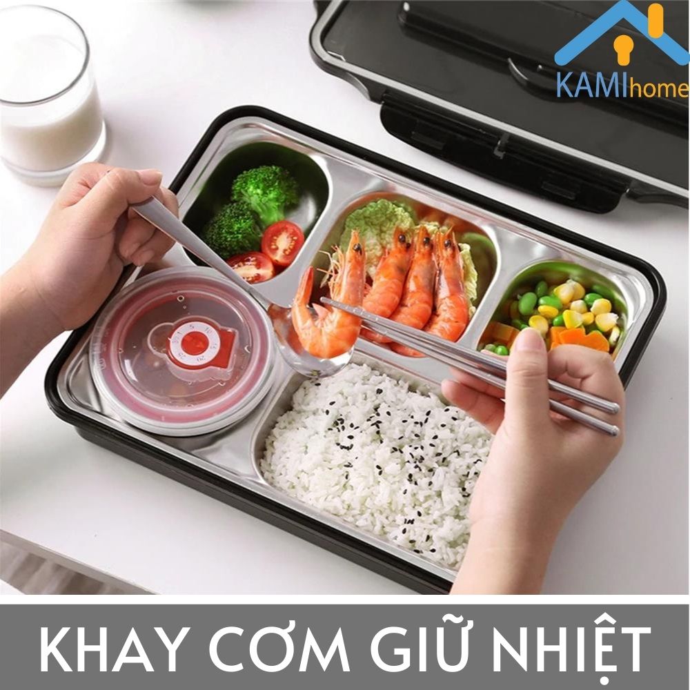 Hộp cơm văn phòng giữ nhiệt và ủ ấm bằng nước nóng kiểu khay nhiều ngăn chất liệu lõi inox 304 tặng kèm thìa đũa mã 20021