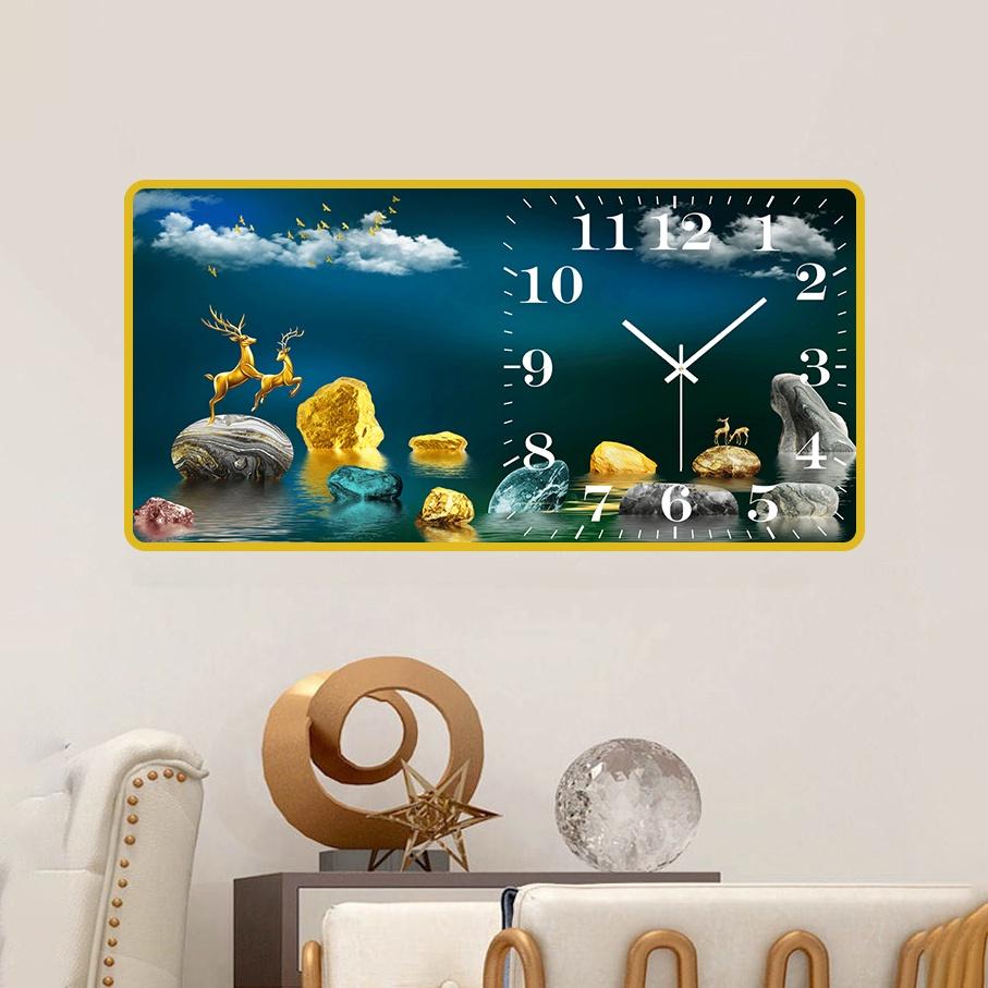 Tranh đồng hồ treo tường tráng gương hươu bên đá cuội 3 TDH131