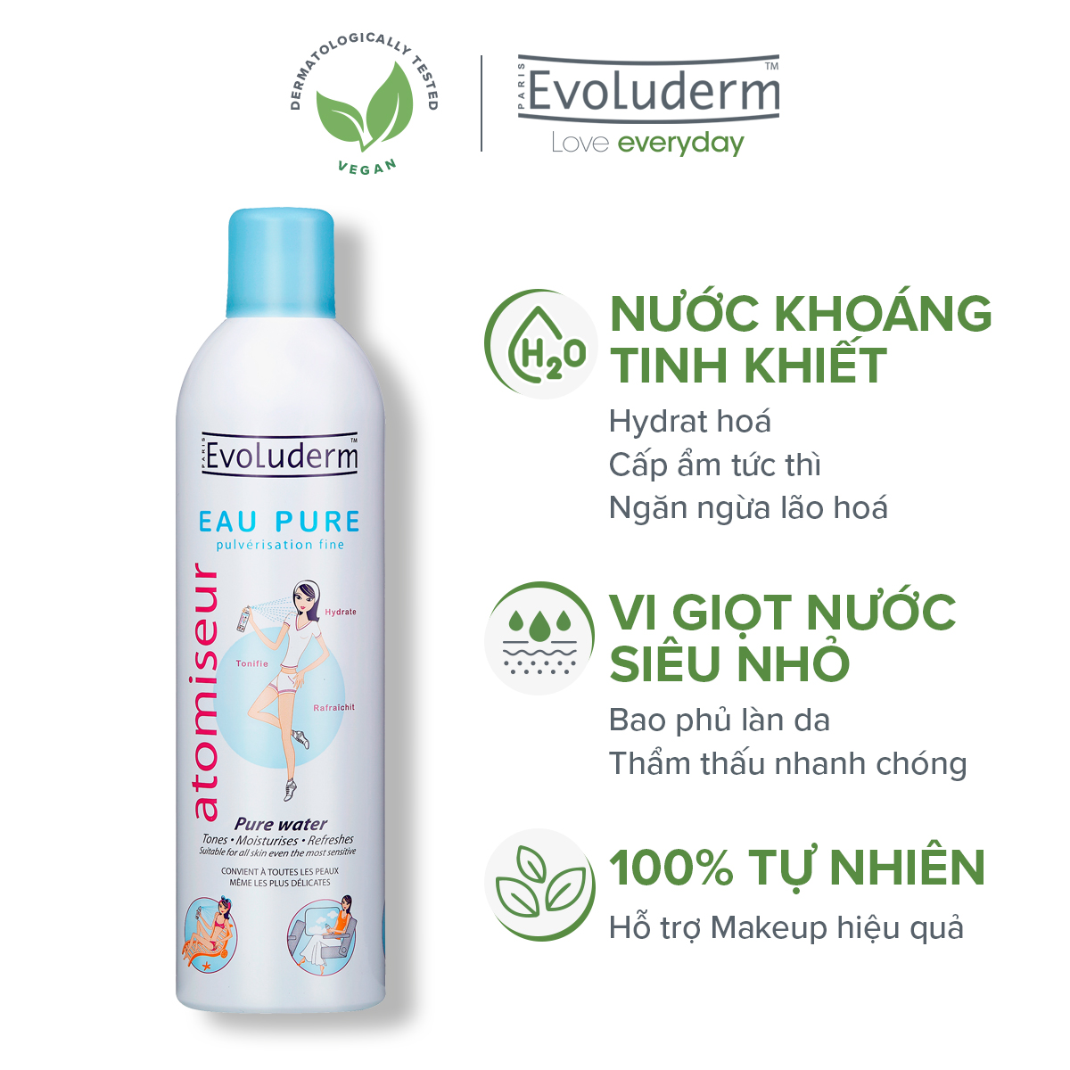 Xịt Khoáng Cấp Ẩm Làm Dịu Da Evoluderm Atomiseur Eau Pure  400ml - Chính hãng Pháp