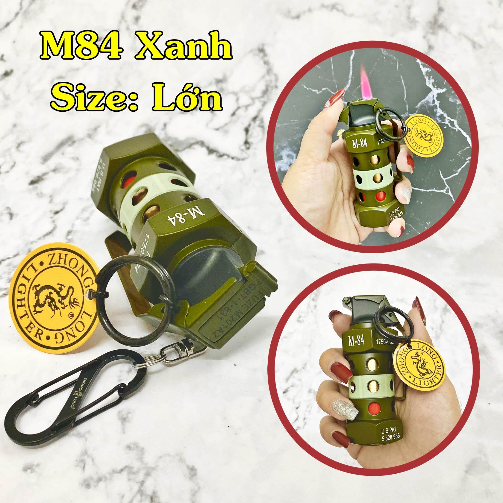 BẬT LỬA KHÈ - MÓC KHÓA HÌNH TRÁI LỰU M84 XANH (SIZE LỚN) - (XÀI GAS)