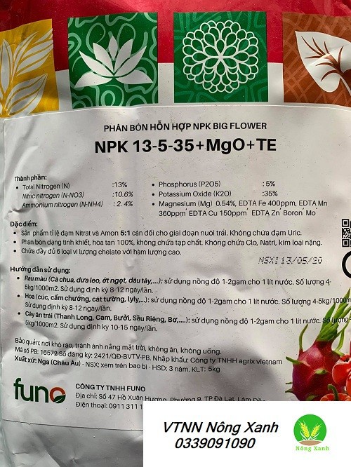 NPK 13-5-35+MgO+TE (TÚI 5KG )CHUYÊN DÙNG CHO HỆ THỐNG NHỎ GIỌT VÀ PHUN QUA LÁ - NPK 13-5-35+MgO+TE