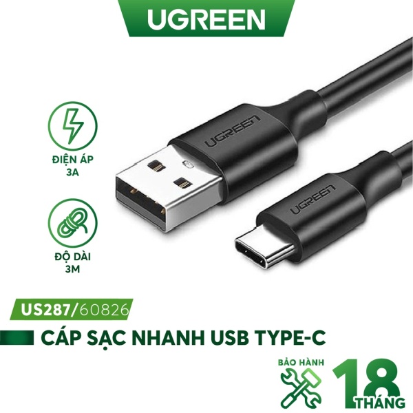 Cáp sạc nhanh UGREEN US287 USB 2.0 sang USB Type-C, áp 3A, độ dài từ 0.25m đến 2m