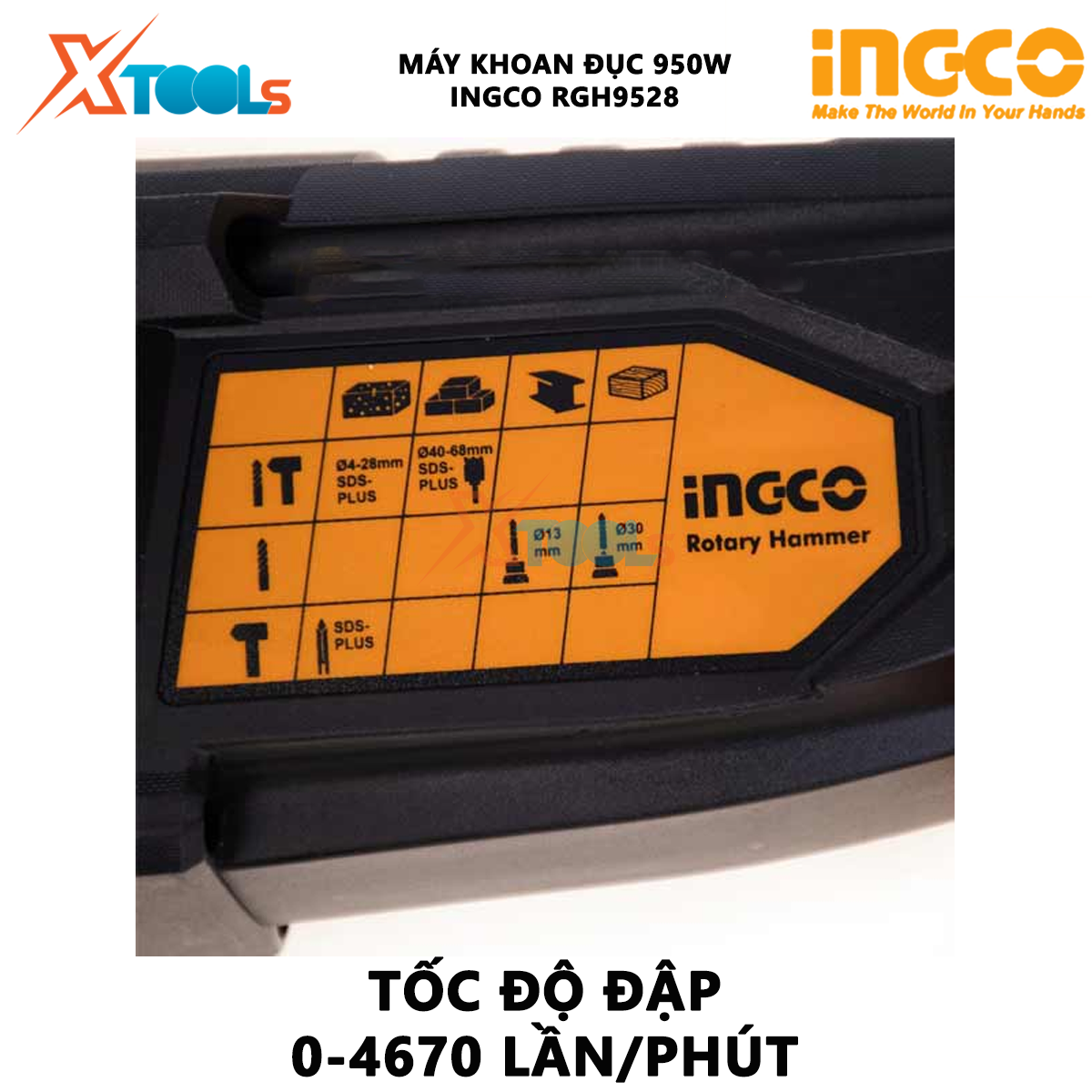 Máy khoan búa 3 chức năng 950w Ingco RGH9528 đầu gài sds plus lực búa 2,5j, kèm 3 mũi khoan và 2 mũi đục Máy khoan đục bê tông XTOOLs