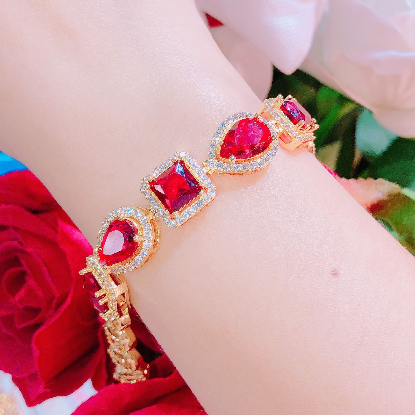 24k non gold bracelets Italian gold bracelets women 18K gold bracelet luxury rose red stone bracelet Gado Viettel 3322 jewelry-non black promise