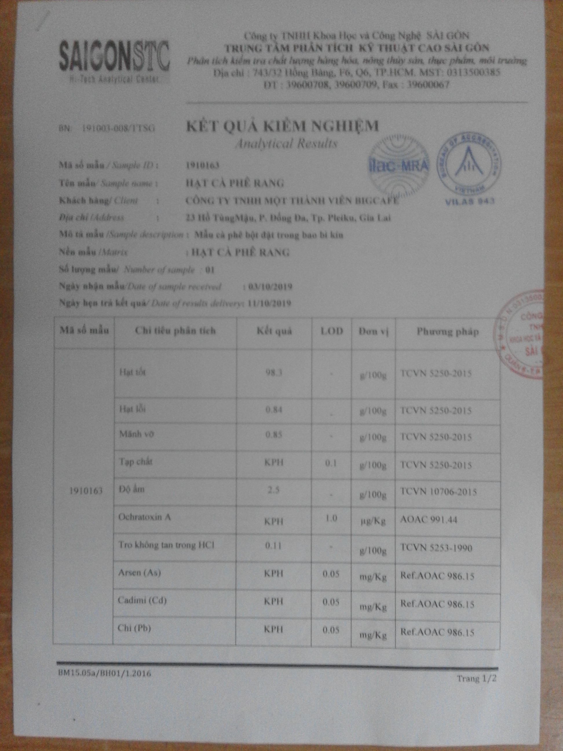 Cà phê hạt  nguyên chất 100% Robusta Bigcafe 500gr