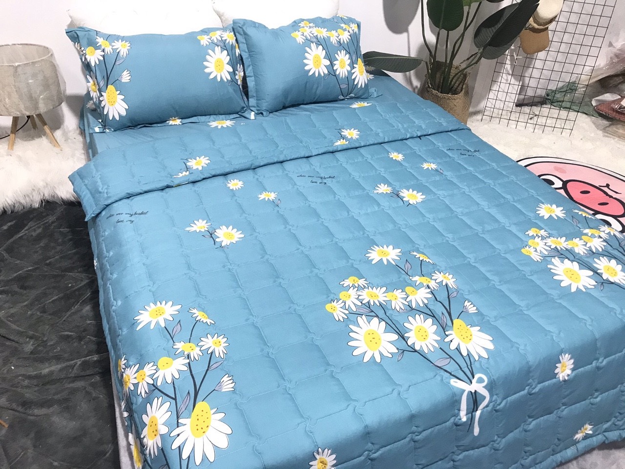 Chăn hè thu trần bông 3 lớp cotton poly 1m8x2m mẫu cành cúc nền xanh Bà Béo  Kho chăn ga gối, ga giường, drap giường