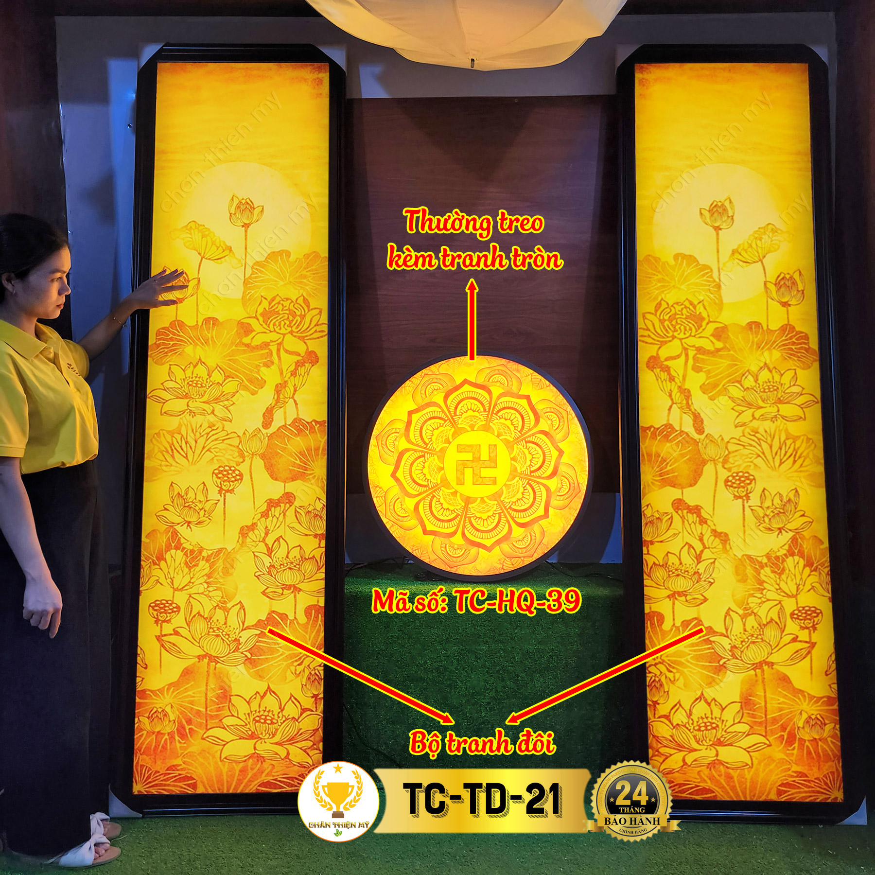 Tranh In Trúc Chỉ Bộ Đôi Cao Cấp CHÂN THIỆN MỸ, Đèn Phong Thủy Trang Trí Phòng Thờ, Bàn Thờ TC-TD-06