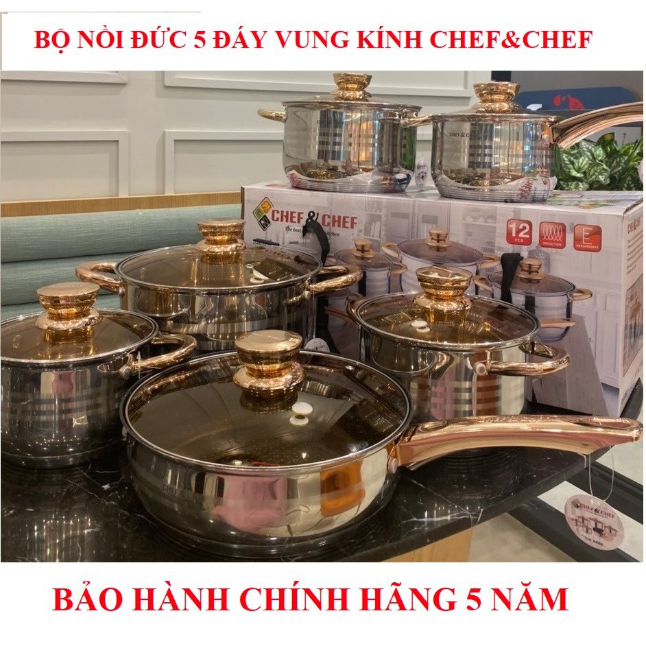 Bộ nồi Đức 6 món [ CAO CẤP ] bộ nồi nấu 6 món CHEF&CHEF - 6688 Đun nấu nhanh và tiết kiệm năng lượng nhờ đáy 5 lớp, BẢO HÀNH 5 NĂM TOÀN QUỐC