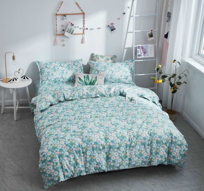 Trọn Bộ 4 Món Chăn Ga Giường Cotton Hàn quốc Mẫu HOA XANH NGỌC Cực Xinh