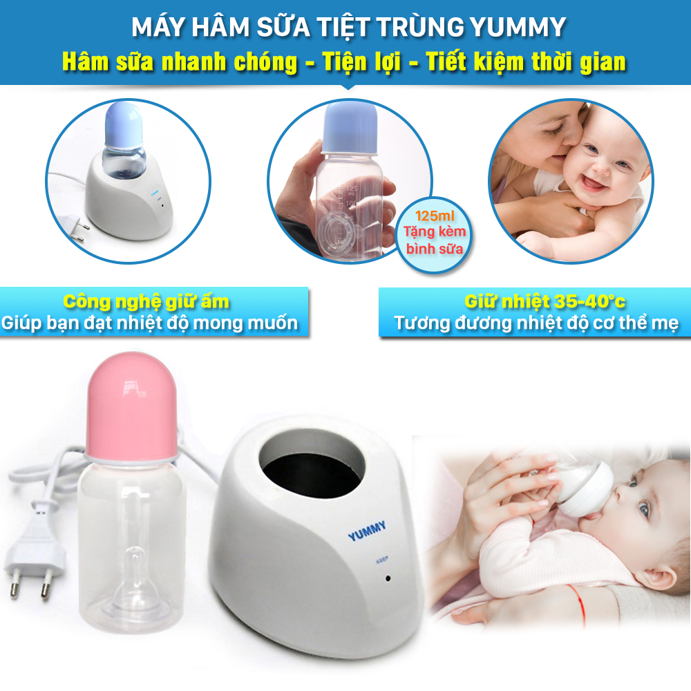 Máy hâm sữa, máy hâm sữa Yummy, giúp hâm ủ sữa, tiệt trùng, giữ sữa ở nhiệt độ ổn định 35°c -40°c. Máy ủ sữa tặng kèm một bình sữa 125ml có trang bị núm vú silicone phù hợp để hâm và giữ nóng sữa.