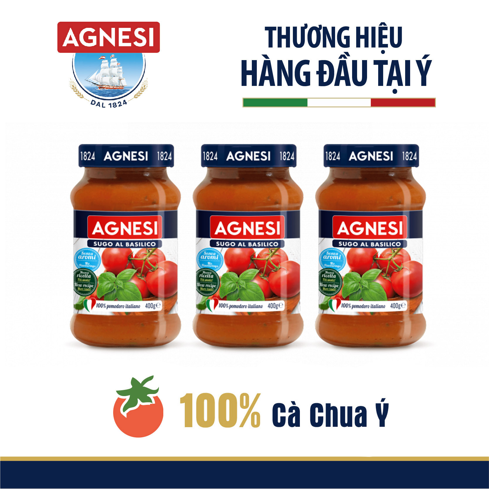 3 hũ sốt cà chua húng quế Basilico Agnesi Ý 400g, 100% cà chua Ý