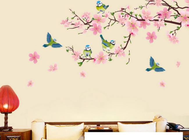DECAL DÁN TƯỜNG HOA XANH TÍM VÀ CÀNH ĐÀO HỒNG