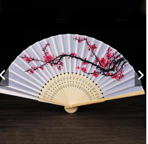 Quạt cổ trang nan 21 dây tuyến bản lụa TRÚC xếp cầm tay IN HOA phong cách Trung Quốc qÙA TẶNG XINH