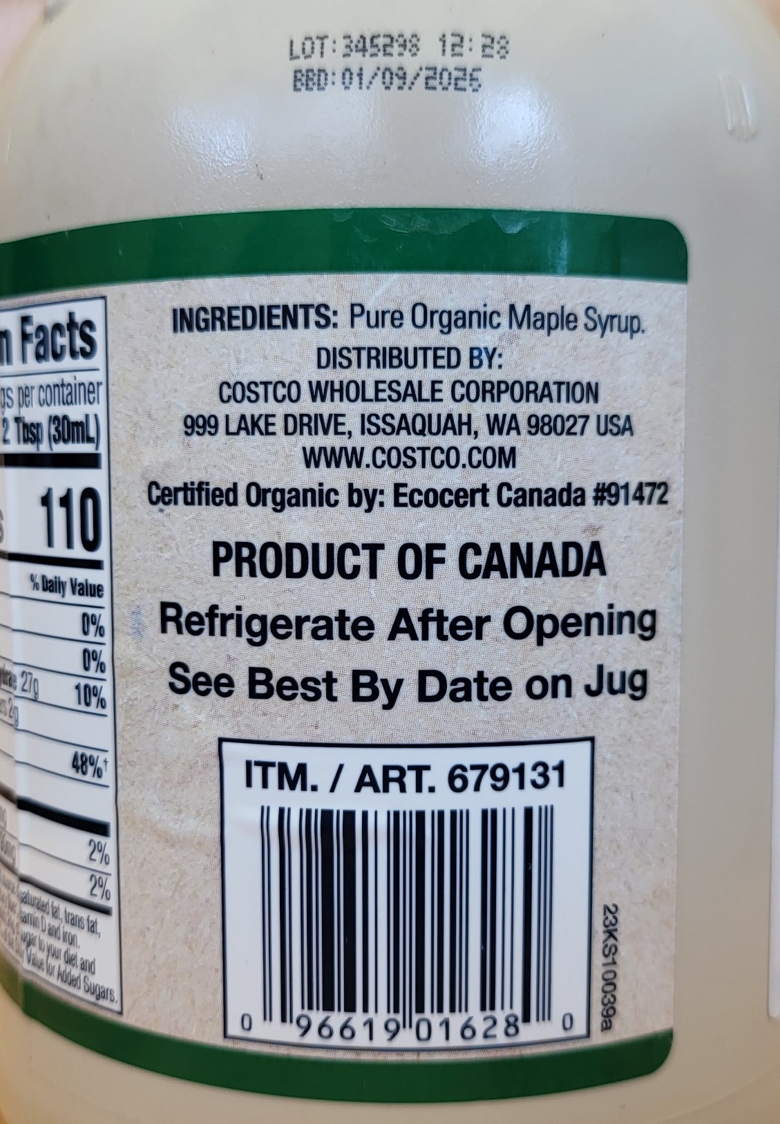 KIRKLAND (Bình 1 L) SI RÔ CÂY PHONG HỮU CƠ Organic Maple Syrup