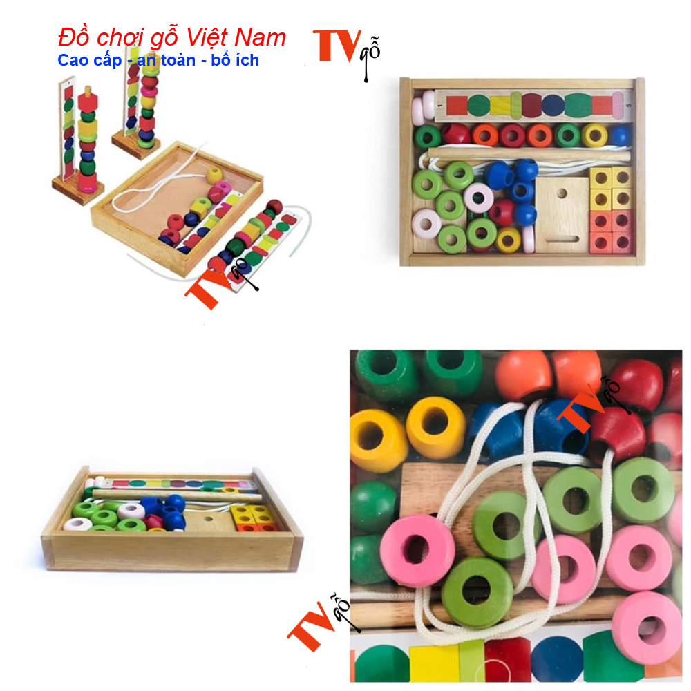Bộ đồ chơi xâu hạt gỗ cho bé | Bộ xâu chuỗi hạt bằng gỗ | Bộ xếp hạt gỗ xỏ xâu hình khối nhiều màu sắc | Đồ chơi gỗ Việt Nam