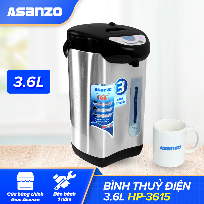 Bình Thuỷ Điện 3.6L Asanzo HP-3615 [650W Có Thang Đo Mực Nước Tự Ngắt Điện Khi Cạn Nước Có Thể Lấy Nước Cả Khi Cúp Điện] - Hàng Chính Hãng Bảo Hành 12 Tháng
