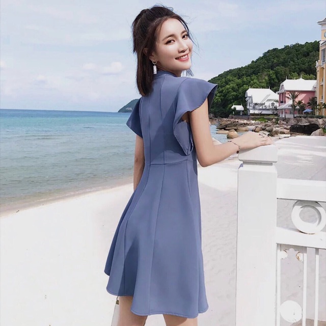 [HCM]Đầm xanh đậm cổ trụ tay bèo
